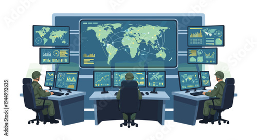 Three soldiers in military fatigues operate computers in a high-tech control room, monitoring multiple screens displaying global maps and data.