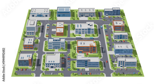An isometric aerial view depicts a modern urban landscape with various buildings, roads, cars, and green spaces on a white background.