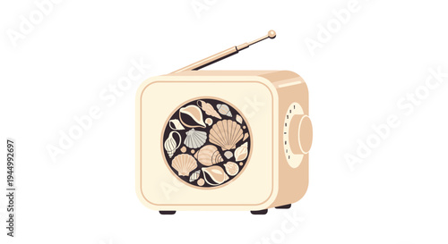 A cream-colored, retro-style cube radio with an antenna features a circular display filled with an assortment of seashells on a white background.