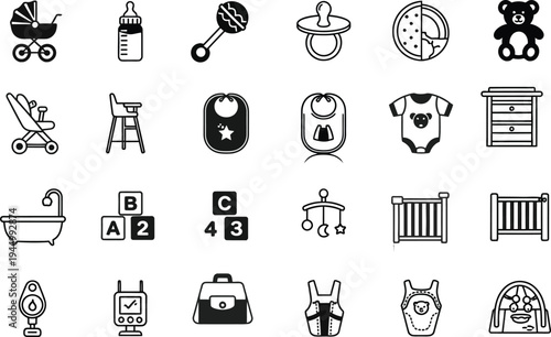 Vector icon silhouette collection baby nursery room essentials and objects