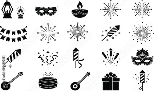 Vector icon silhouette party elements with masks fireworks and gifts