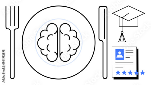 Brain on plate with utensils, graduation cap, and profile document with rating. Ideal for education, learning, career development, knowledge, skill growth, achievement success planning