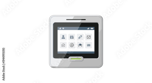 A sleek square white portable electronic device with a prominent screen displaying a grid of nine minimalist app icons is centered on a plain white background.