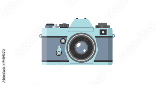 A vintage-style film camera, predominantly light blue and gray, is depicted frontally with a large central black lens against a clean white background.