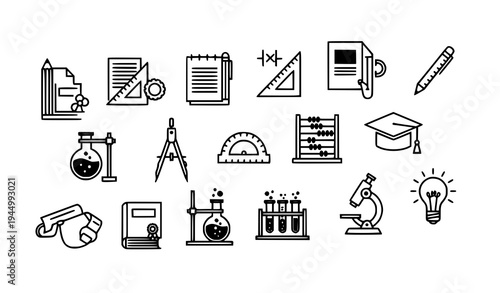 Outline style education and science vector icons with school supplies, math tools, lab equipment isolated on transparent background