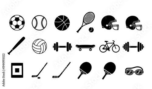 Sports icon collection vector set in black and white with various sports equipment isolated on transparent background