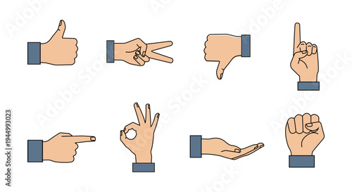 Professional collection of flat human hand gesture icons including thumbs up, pointing, okay sign, and peace symbol for mobile apps