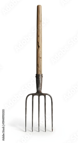 Isolated Old Farm Pitchfork – Rustic Wooden Handle Agricultural Tool
