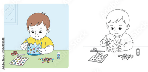 Cute cartoon child crafting a star crown with stickers, vector illustration. Includes color version and black and white line art coloring page for children's craft activity books.