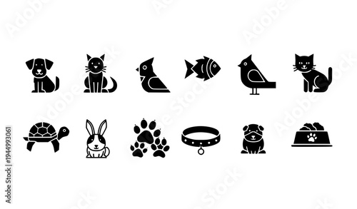Black and white pet icons collection vector with domestic animals and pet supplies isolated on transparent background