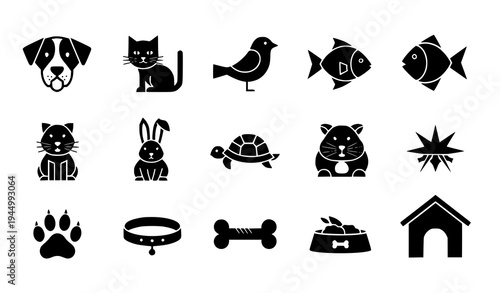 Pet icon set vector with dog, cat, bird, fish, and small animal silhouettes isolated on transparent background