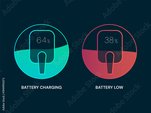 Electric vehicle(EV) UI with minimalist outline ev wall charger icons showing battery charging and low status vector illustration design concept. Battery charging dashboard for ui, ev car, application