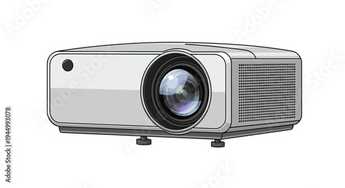 A sleek white multimedia projector with a prominent dark lens is shown from a three-quarter angle, resting on four feet against a clean white background.