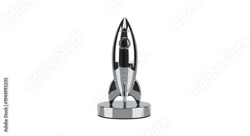 A shiny, reflective silver rocket with a pointed nosecone and two fins stands vertically on a circular base against a plain white background.
