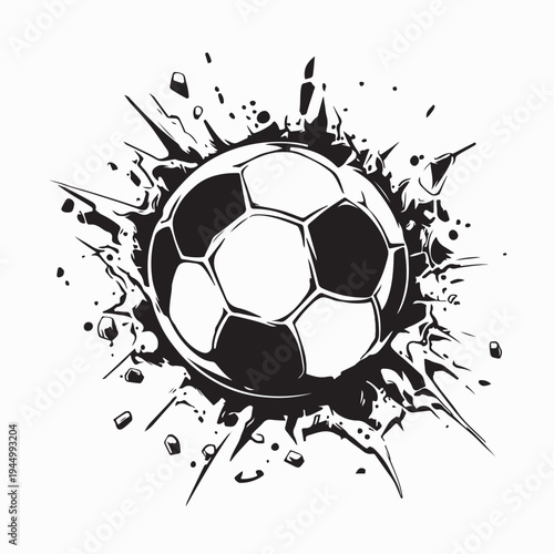 Soccer Ball Smashed Into Wall With Cracks Isolated On White Background