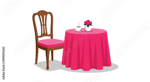 A small round table with a pink tablecloth, a white coffee cup, and pink flowers sits beside a wooden chair with a pink cushion on a white background.