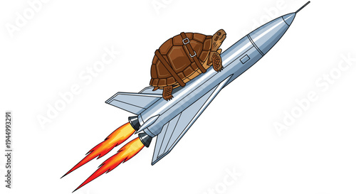 A brown turtle is securely strapped to a silver rocket with two belts, launching upwards with orange flames from its boosters against a white background.