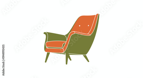 A single, stylized mid-century modern armchair with an olive green frame and vibrant orange upholstered cushions is depicted against a pure white background.