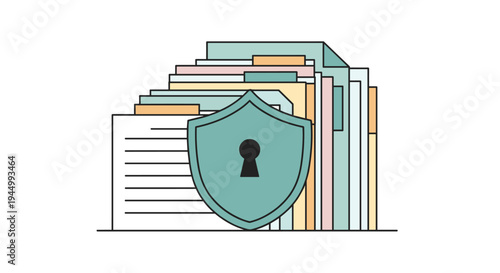 A stack of colorful documents and files is partially obscured by a teal shield icon featuring a black keyhole symbol.