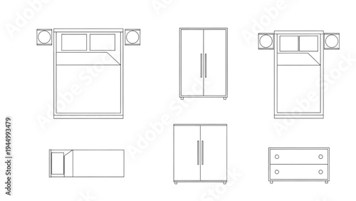 Top-Down Bedroom Furniture Layout with Beds and Wardrobes in Minimalist Style