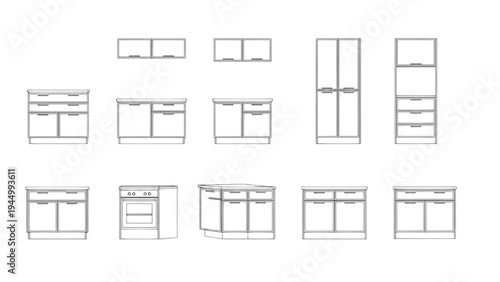 Kitchen Cabinet Designs Set, Interior Layout, Home Furniture, Front View, Graphic Illustration