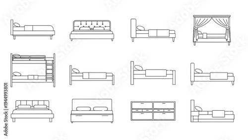 Bed Elevation Symbols Set, Bedroom Furniture Bed Designs CAD Line Drawing Collection Vector
