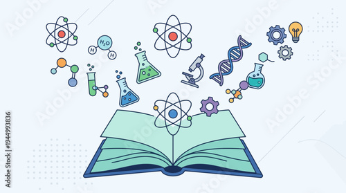 An open book symbolizing scientific discovery and learning, with various icons representing chemistry, biology, and physics floating above