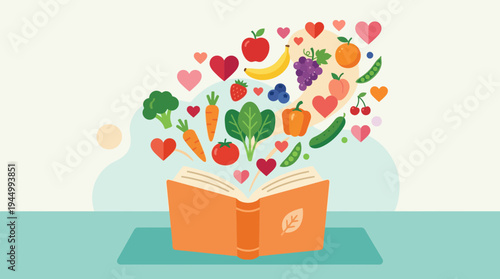 Open book illustration with fruits and vegetables exploding out, symbolizing healthy eating, nutrition, and knowledge about a wholesome lifestyle and diet