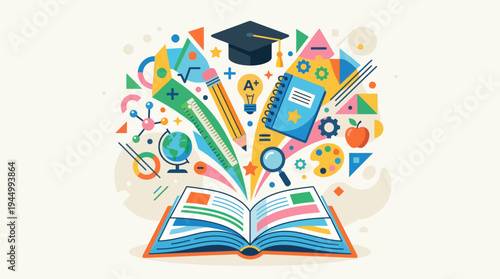 Colorful illustration of an open book unleashing educational symbols graduation cap, pencil, globe. Represents knowledge, learning, and academic success