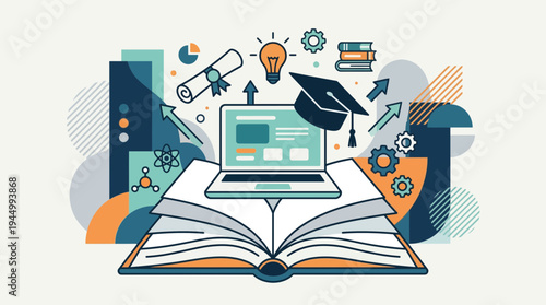 Education and learning concept with an open book, laptop, graduation cap, light bulb, and charts representing knowledge acquisition and academic success in a modern digital world