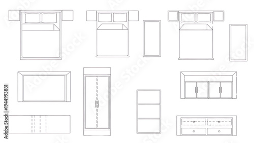Top View Furniture Layout Plan, Bedroom and Living Room Interior, Architectural Drawing