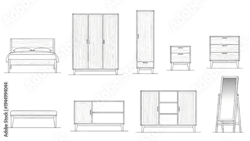 Modern Bedroom Furniture Set with Bed, Wardrobes, Drawers, and Mirror Design Illustration