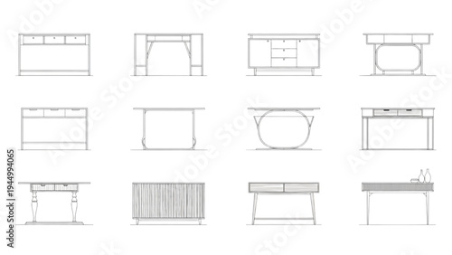 Architectural Drawings of Various Desk Designs with Front and Side Views