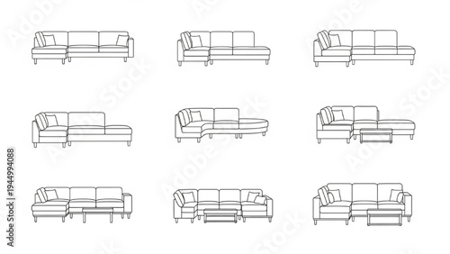 Modern Sofa Collection Line Art, Minimalist Furniture Design, Interior Illustration