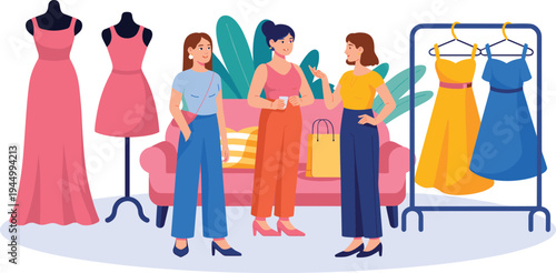 Women friends shopping for dresses in fashion boutique discussing style choices near clothing rack and mannequins illustrationWomen friends shopping for dresses in fashion 