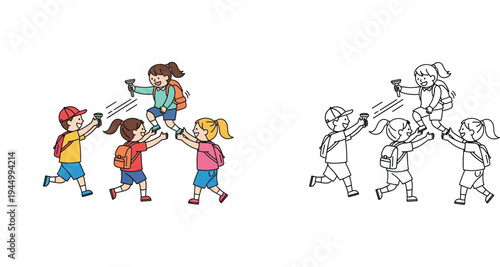 Cute cartoon vector illustration of happy school children playing together with flashlights. Includes both colorful version and black and white line art coloring page for kids' activity books.