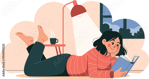 Young woman lying on floor reading book at home cozy lifestyle relaxation illustration concept