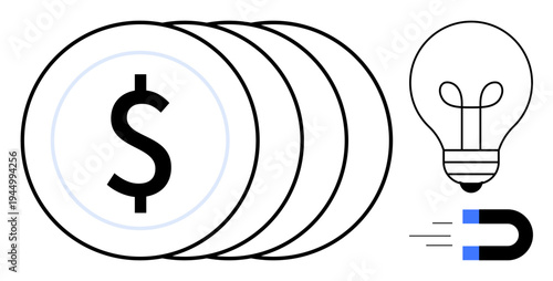 Money generation concept. Coins with dollar symbol and light bulb innovation and financial growth. Magnet revenue attraction. For business, finance, innovation, marketing, startups