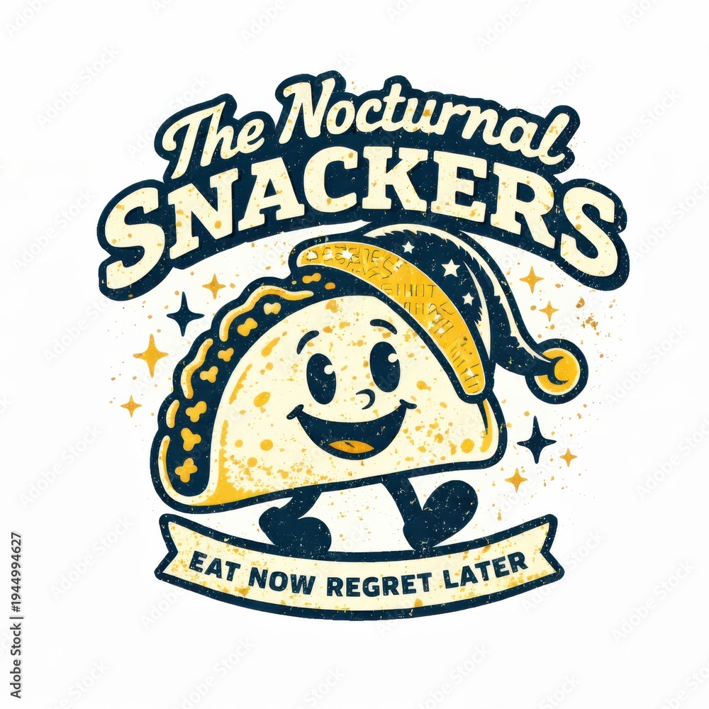 Obraz premium Cute cartoon snail mascot with nightcap holding eat now regret later banner for late night snacking theme