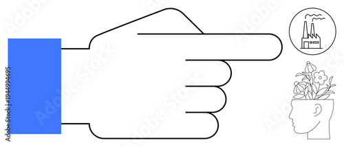Outstretched hand directs attention to a polluting factory and a head blooming with flowers. Ideal for sustainability, choice, values, awareness, priorities, environmental care, decision-making