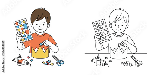 Cute boy crafting a paper crown with colorful stickers, glue, and scissors, including a coloring page version for creative activities and kids education.