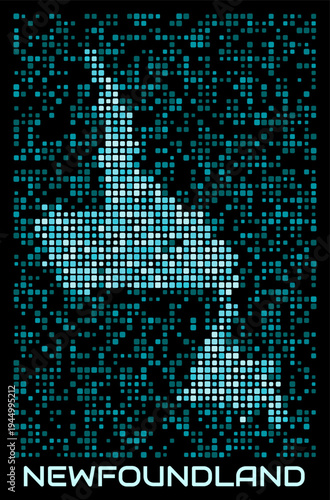 Newfoundland, Canada digital dotted map. Shape of the province in cyan color palette on dark background. Futuristic Newfoundland, Canada map design. Vector illustration.