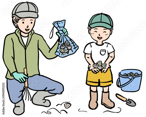 潮干狩りをする親子のイラスト