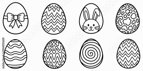 Easter egg coloring page with various patterns and designs