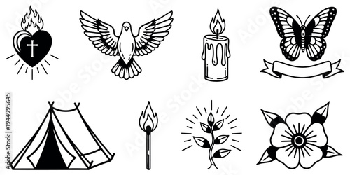 Collection of symbolic line art images including heart dove candle butterfly tent flame bouquet and flower