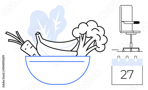 Healthy living, work-life balance, nutrition, scheduling, workplace productivity, meal planning. Bowl of vegetables and fruits, office chair calendar marked 27. Healthy living and work-life balance