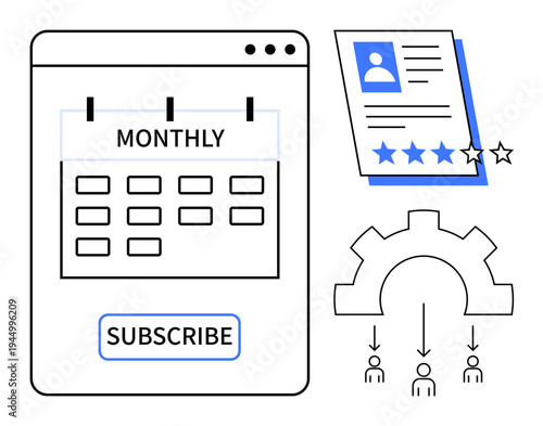 Subscription plan calendar with Subscribe button, profile rating system, and workflow diagram linking users. Ideal for business, service, planning, strategy, feedback, team management simple flat
