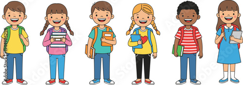 Diverse group of happy primary school children character set with backpacks and books standing isolated flat vector illustration for elementary education and back to school concepts.
