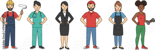 Diverse professional people set including painter, nurse, businesswoman, courier, waitress, and fitness trainer characters in flat vector style for career and labor concepts.