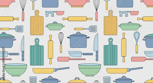 Colorful kitchen utensils and cookware tools.